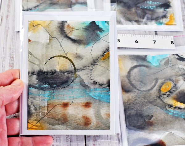 Greeting Card Set, 4 Blank Inside with Hand-Painted Art - Original Mixed Media, Abstract Black Brown Blue Orange and Tan