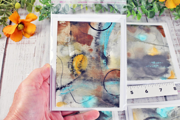 Greeting Card Set, 4 Blank Inside with Hand-Painted Art - Original Mixed Media, Abstract Black Brown Blue Orange and Tan