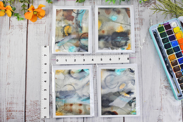 Greeting Card Set, 4 Blank Inside with Hand-Painted Art - Original Mixed Media, Abstract Black Brown Blue Orange and Tan