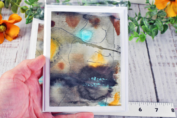 Greeting Card Set, 4 Blank Inside with Hand-Painted Art - Original Mixed Media, Abstract Black Brown Blue Orange and Tan