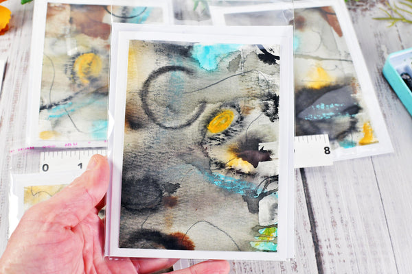 Greeting Card Set, 4 Blank Inside with Hand-Painted Art - Original Mixed Media, Abstract Black Brown Blue Orange and Tan