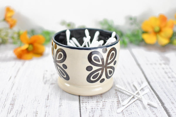 Ceramic Pottery Gift, Black and White Cup, Modern Handmade Kitchen Bath Decor, Sugar Packet Serving Cup, Cotton Swab Holder