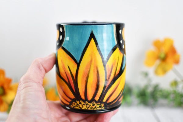 Hand Painted Monarch Butterfly Coffee Mug, Handmade Stoneware Flower Pottery, Vibrant Botanical Ceramic Cup, Unique Gift for Nature Lover