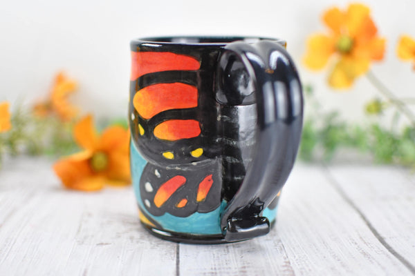 Hand Painted Monarch Butterfly Coffee Mug, Handmade Stoneware Flower Pottery, Vibrant Botanical Ceramic Cup, Unique Gift for Nature Lover