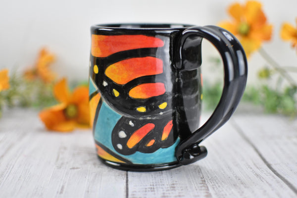 Hand Painted Monarch Butterfly Coffee Mug, Handmade Stoneware Flower Pottery, Vibrant Botanical Ceramic Cup, Unique Gift for Nature Lover