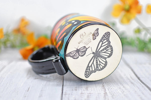 Hand Painted Monarch Butterfly Coffee Mug, Handmade Stoneware Flower Pottery, Vibrant Botanical Ceramic Cup, Unique Gift for Nature Lover