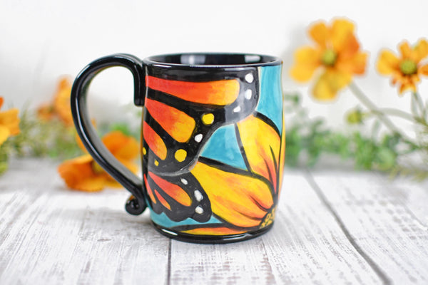 Hand Painted Monarch Butterfly Coffee Mug, Handmade Stoneware Flower Pottery, Vibrant Botanical Ceramic Cup, Unique Gift for Nature Lover