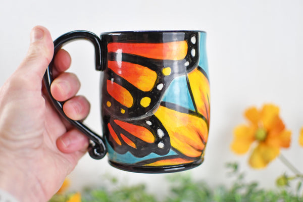 Hand Painted Monarch Butterfly Coffee Mug, Handmade Stoneware Flower Pottery, Vibrant Botanical Ceramic Cup, Unique Gift for Nature Lover