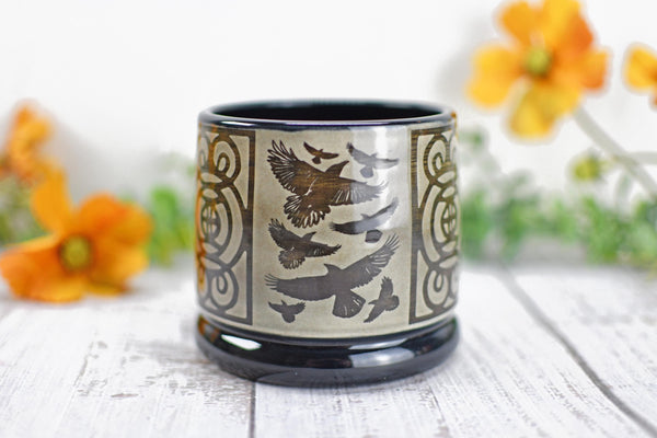 Handmade Raven Bird Cup - Bird Lover Gift, Gothic Ceramic Tumbler, Nature Inspired Pottery for Whiskey or Wine, A Murder of Ravens