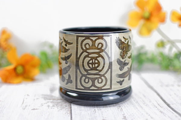 Handmade Raven Bird Cup - Bird Lover Gift, Gothic Ceramic Tumbler, Nature Inspired Pottery for Whiskey or Wine, A Murder of Ravens