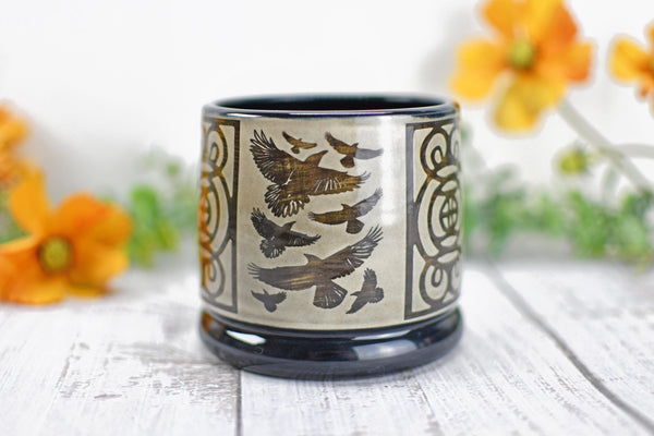Handmade Raven Bird Cup - Bird Lover Gift, Gothic Ceramic Tumbler, Nature Inspired Pottery for Whiskey or Wine, A Murder of Ravens