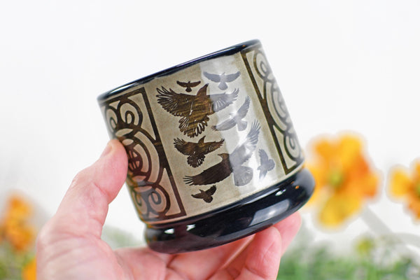 Handmade Raven Bird Cup - Bird Lover Gift, Gothic Ceramic Tumbler, Nature Inspired Pottery for Whiskey or Wine, A Murder of Ravens
