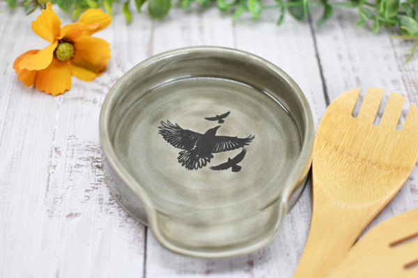 Raven Bird Large Ceramic Stove Top Spoon Rest, Handmade Stoneware Pottery, Halloween Gothic Decor for Kitchen & Coffee Bar