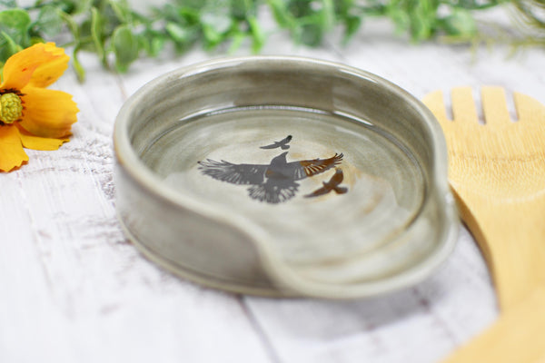 Raven Bird Large Ceramic Stove Top Spoon Rest, Handmade Stoneware Pottery, Halloween Gothic Decor for Kitchen & Coffee Bar