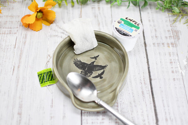Raven Bird Large Ceramic Stove Top Spoon Rest, Handmade Stoneware Pottery, Halloween Gothic Decor for Kitchen & Coffee Bar