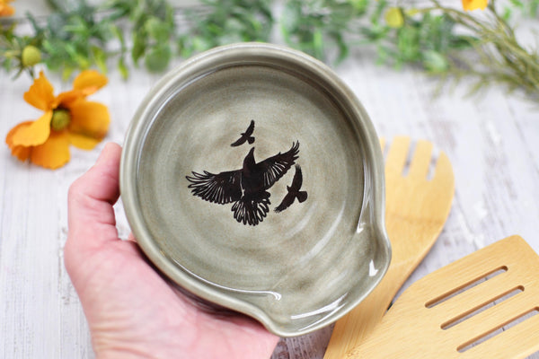 Raven Bird Large Ceramic Stove Top Spoon Rest, Handmade Stoneware Pottery, Halloween Gothic Decor for Kitchen & Coffee Bar