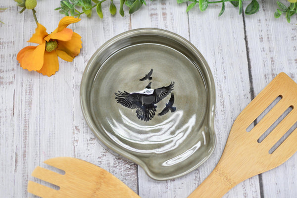 Raven Bird Large Ceramic Stove Top Spoon Rest, Handmade Stoneware Pottery, Halloween Gothic Decor for Kitchen & Coffee Bar