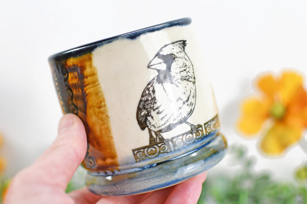 Handmade Ceramic Cardinal Bird Cup, Bronze Pottery Anniversary Gift, Whiskey or Wine Tumbler, Moroccan Boho