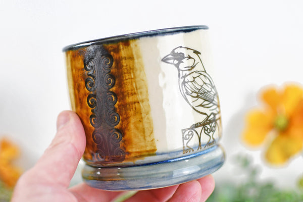 Handmade Ceramic Cardinal Bird Cup, Bronze Pottery Anniversary Gift, Whiskey or Wine Tumbler, Moroccan Boho