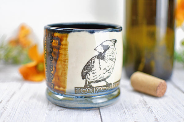 Handmade Ceramic Cardinal Bird Cup, Bronze Pottery Anniversary Gift, Whiskey or Wine Tumbler, Moroccan Boho