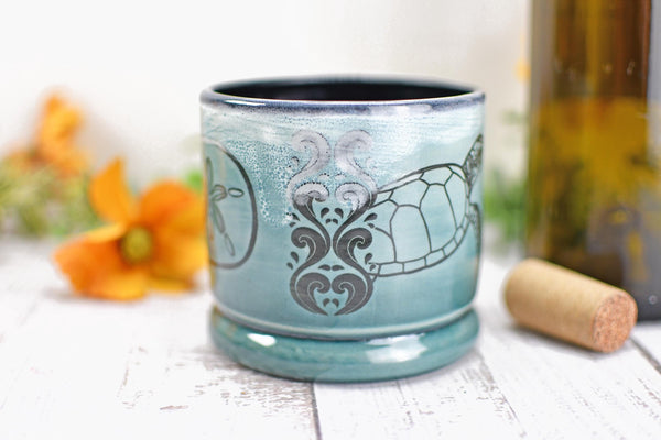 Handmade Ceramic Sea Turtle Cup, Beach Lover Pottery Gift, Whiskey or Wine Tumbler, Ocean Seashells Beach Decor