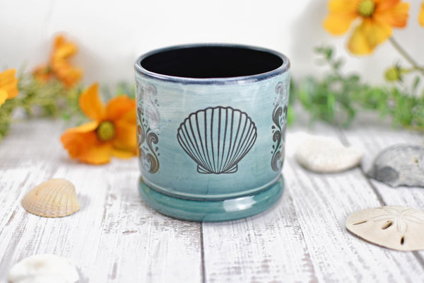 Handmade Ceramic Sea Turtle Cup, Beach Lover Pottery Gift, Whiskey or Wine Tumbler, Ocean Seashells Beach Decor