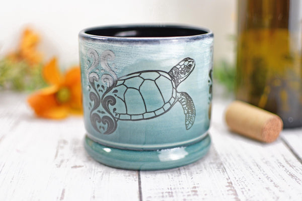 Handmade Ceramic Sea Turtle Cup, Beach Lover Pottery Gift, Whiskey or Wine Tumbler, Ocean Seashells Beach Decor