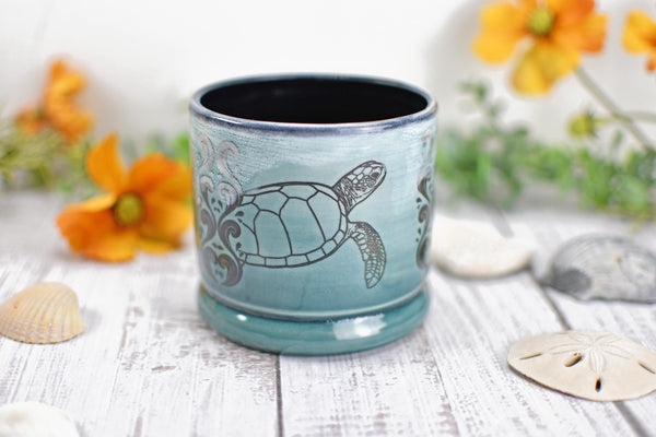 Handmade Ceramic Sea Turtle Cup, Beach Lover Pottery Gift, Whiskey or Wine Tumbler, Ocean Seashells Beach Decor