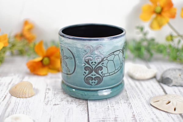 Handmade Ceramic Sea Turtle Cup, Beach Lover Pottery Gift, Whiskey or Wine Tumbler, Ocean Seashells Beach Decor