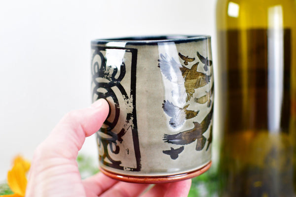 Handmade Raven Bird Tumbler Cup - Gothic Ceramic Bird Lover Gift, Nature Inspired Pottery for Whiskey or Wine, A Murder of Ravens