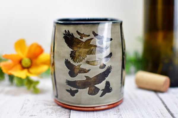 Handmade Raven Bird Tumbler Cup - Gothic Ceramic Bird Lover Gift, Nature Inspired Pottery for Whiskey or Wine, A Murder of Ravens