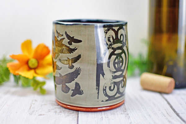 Handmade Raven Bird Tumbler Cup - Gothic Ceramic Bird Lover Gift, Nature Inspired Pottery for Whiskey or Wine, A Murder of Ravens