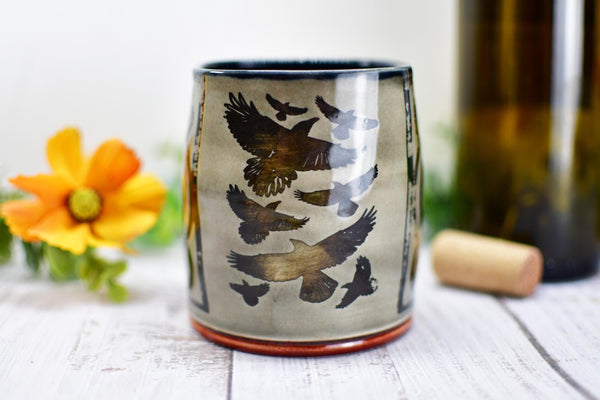 Handmade Raven Bird Tumbler Cup - Gothic Ceramic Bird Lover Gift, Nature Inspired Pottery for Whiskey or Wine, A Murder of Ravens