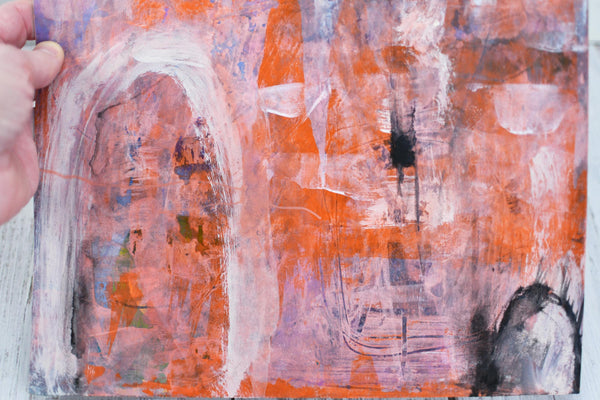Abstract Painting Wall Art with Circles in Pink, Gray, Orange, Black – Original Mixed Media Painting on Paper (Unframed 11x14)