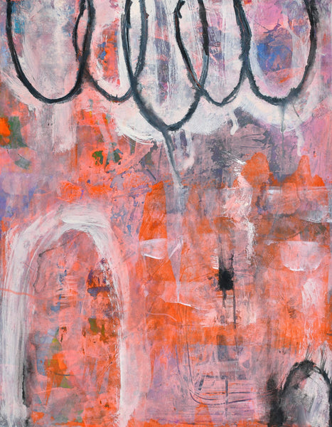 Abstract Painting Wall Art with Circles in Pink, Gray, Orange, Black – Original Mixed Media Painting on Paper (Unframed 11x14)