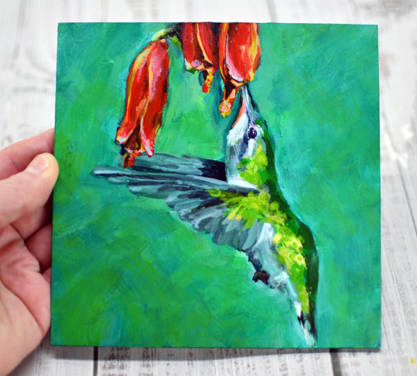 Hummingbird Original Acrylic Painting, "Li'l Fatty Hummer", Bird Art