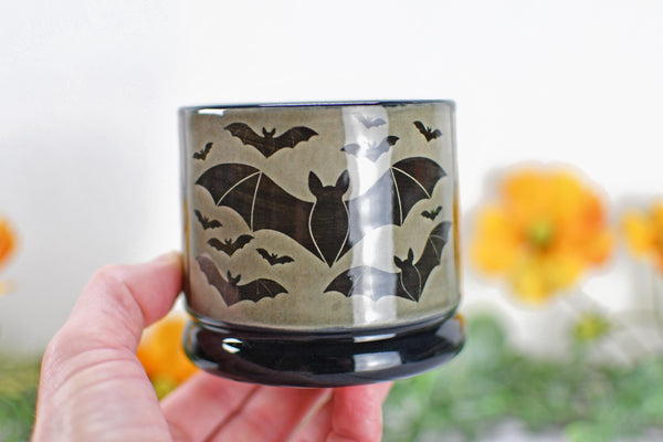Handmade Bats Cup - Bat Lover Gift, Gothic Ceramic Tumbler, Nature Inspired Pottery for Whiskey or Wine