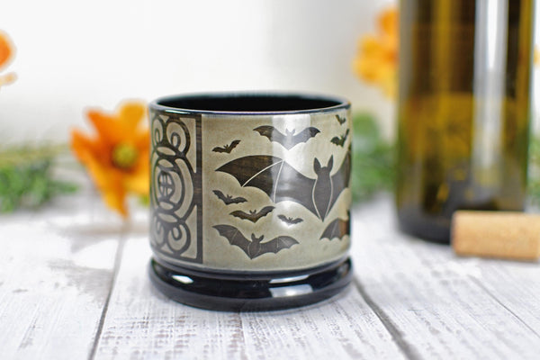 Handmade Bats Cup - Bat Lover Gift, Gothic Ceramic Tumbler, Nature Inspired Pottery for Whiskey or Wine