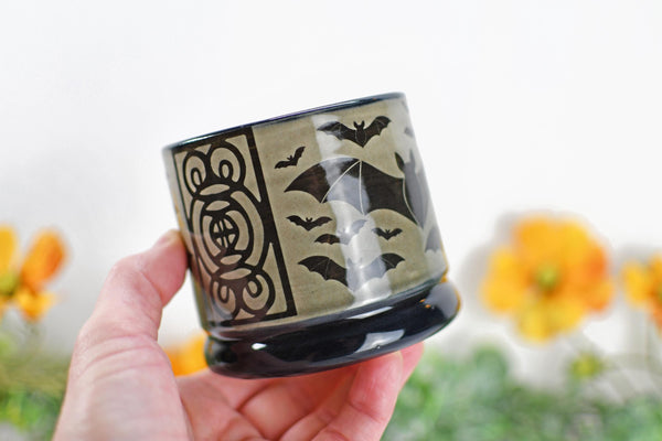 Handmade Bats Cup - Bat Lover Gift, Gothic Ceramic Tumbler, Nature Inspired Pottery for Whiskey or Wine