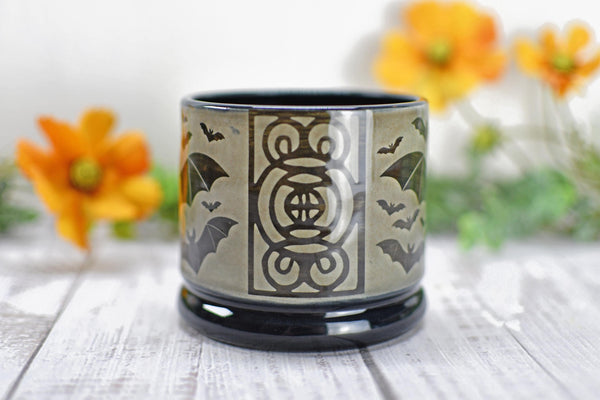 Handmade Bats Cup - Bat Lover Gift, Gothic Ceramic Tumbler, Nature Inspired Pottery for Whiskey or Wine