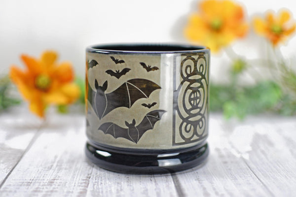 Handmade Bats Cup - Bat Lover Gift, Gothic Ceramic Tumbler, Nature Inspired Pottery for Whiskey or Wine