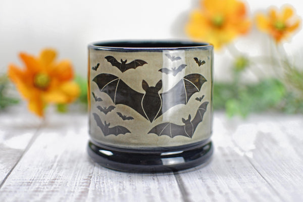 Handmade Bats Cup - Bat Lover Gift, Gothic Ceramic Tumbler, Nature Inspired Pottery for Whiskey or Wine