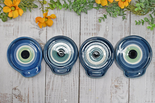 Evil Eye Ceramic Stove Top Spoon Rest Coffee Bar Tea, Pottery Nazar Blue White Handmade Handpainted Stoneware Large Housewarming Spiritual