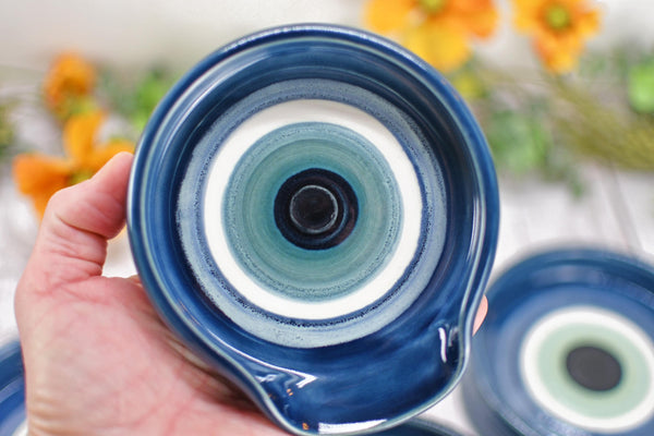 Evil Eye Ceramic Stove Top Spoon Rest Coffee Bar Tea, Pottery Nazar Blue White Handmade Handpainted Stoneware Large Housewarming Spiritual
