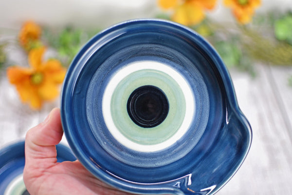 Evil Eye Ceramic Stove Top Spoon Rest Coffee Bar Tea, Pottery Nazar Blue White Handmade Handpainted Stoneware Large Housewarming Spiritual
