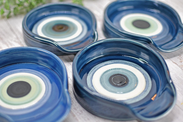 Evil Eye Ceramic Stove Top Spoon Rest Coffee Bar Tea, Pottery Nazar Blue White Handmade Handpainted Stoneware Large Housewarming Spiritual