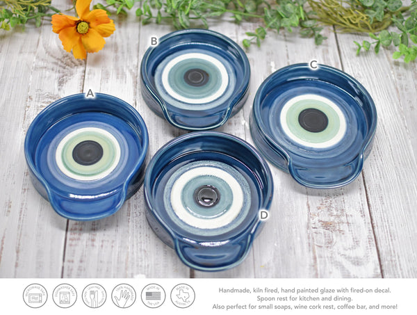 Evil Eye Ceramic Stove Top Spoon Rest Coffee Bar Tea, Pottery Nazar Blue White Handmade Handpainted Stoneware Large Housewarming Spiritual