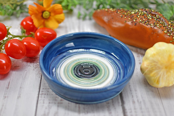 Evil Eye Ceramic Dish, Stoneware Pottery Handmade Hand Painted Bowl, Nazar Blue White, Housewarming Spiritual Gift, Blue Dip Bowl