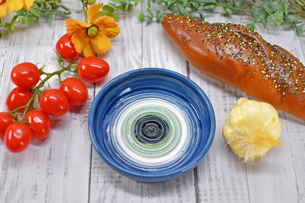 Evil Eye Ceramic Dish, Stoneware Pottery Handmade Hand Painted Bowl, Nazar Blue White, Housewarming Spiritual Gift, Blue Dip Bowl