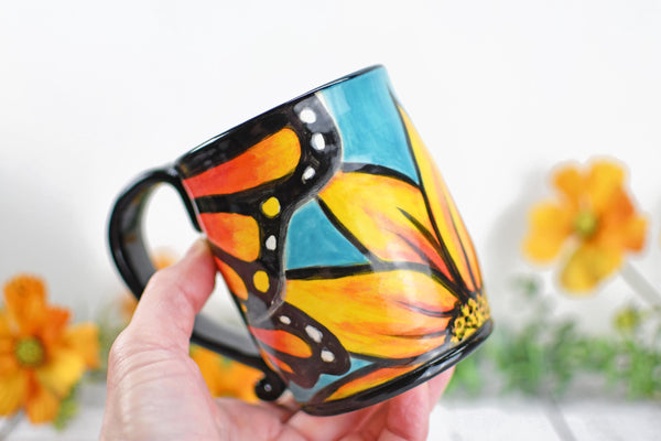 Hand Painted Monarch Butterfly Coffee Mug, Handmade Stoneware Flower Pottery, Vibrant Botanical Ceramic Cup, Unique Gift for Nature Lover
